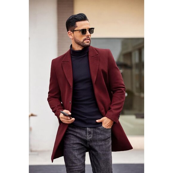 Mens Wine Red Trench Overcoat Wool Blend Coat with Detachable Single Breasted - Picture 5 of 6